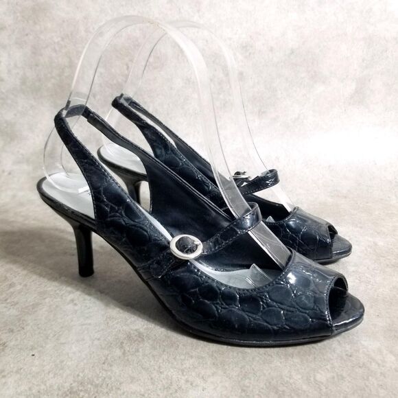 Predictions Womens 70965 Size 6 Black Croc Print Slip On Peep Toe Slingback Heel - Picture 1 of 10